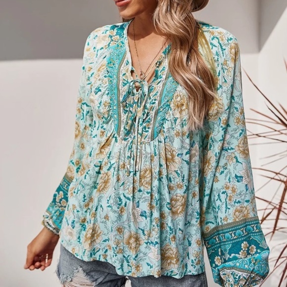 Turquoise Floral Bohemian Peasant Blouse - Picture 2 of 5
